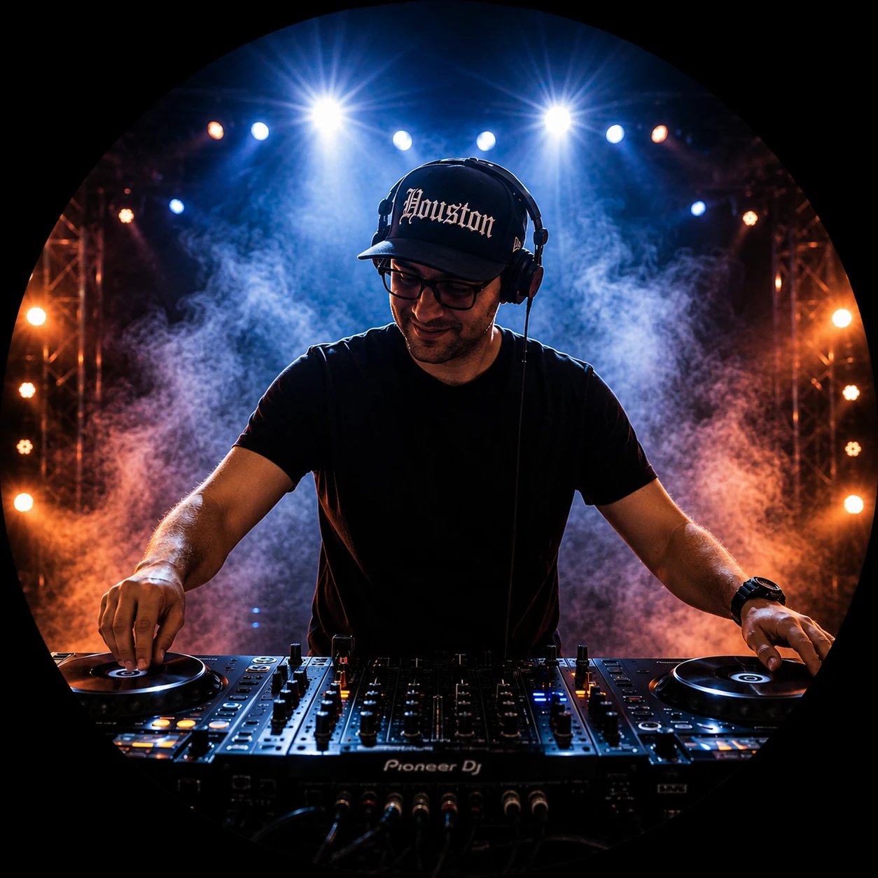 DJ AM1N performing behind a DJ controller under blue and orange stage lights